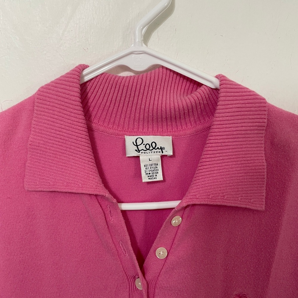 Lilly Pulitzer Pink Short Sleeve Polo Sweater Knit Palm Tree Logo Large - Picture 3 of 4